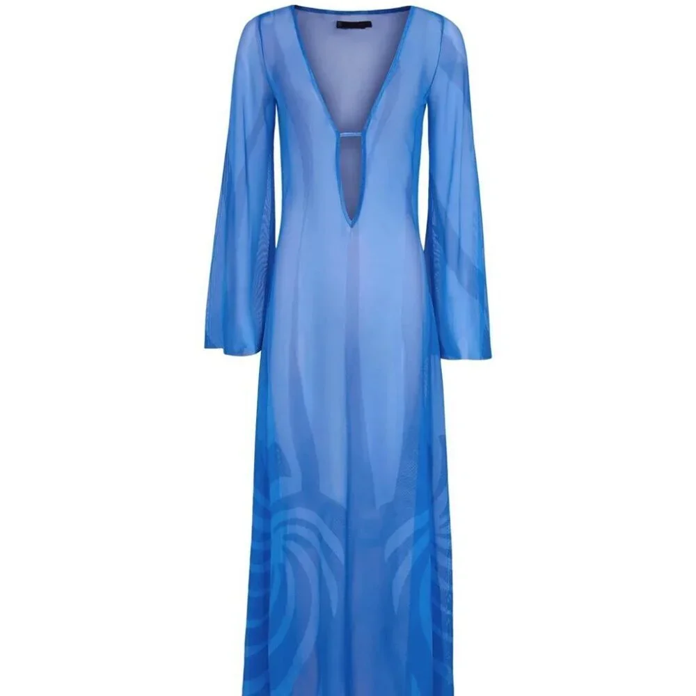 New Caroline Constas Blue Long Tunic Kaftan Beach Swim Cover-Up XS NWT